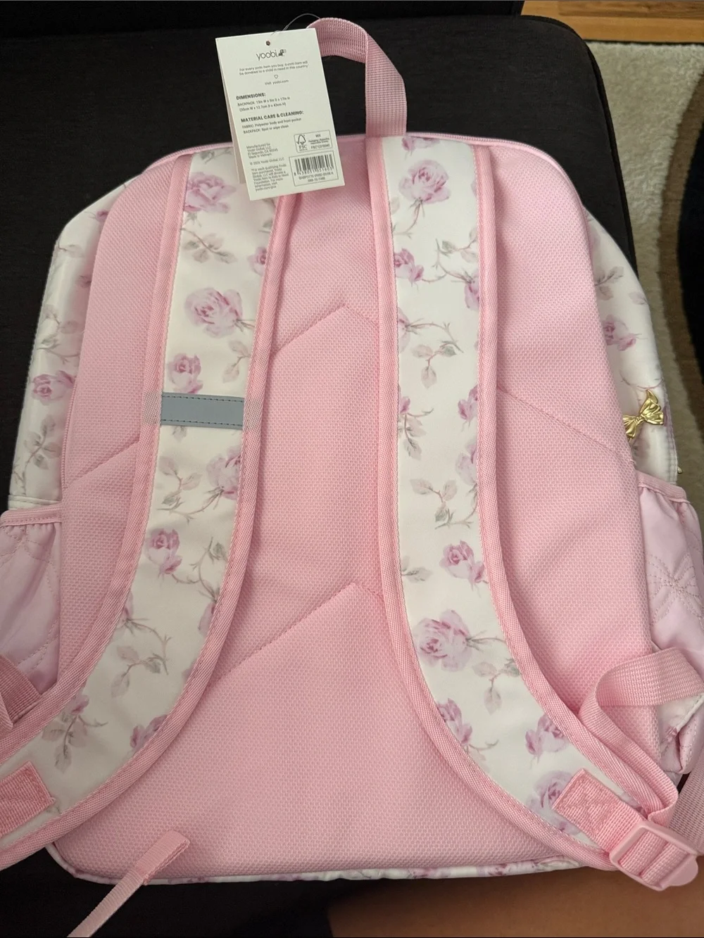 LoveShackFancy Pink Floral Quilted Kids Backpack with Bow Charm